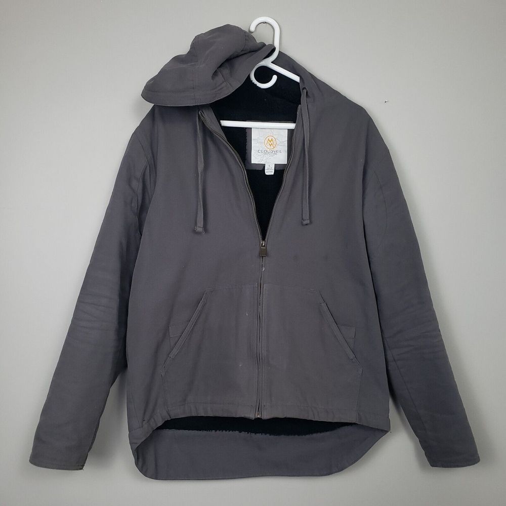 Cloudveil Jacket Men's L Canvas Sherpa Lined Gray Hooded Full Zip Distressed